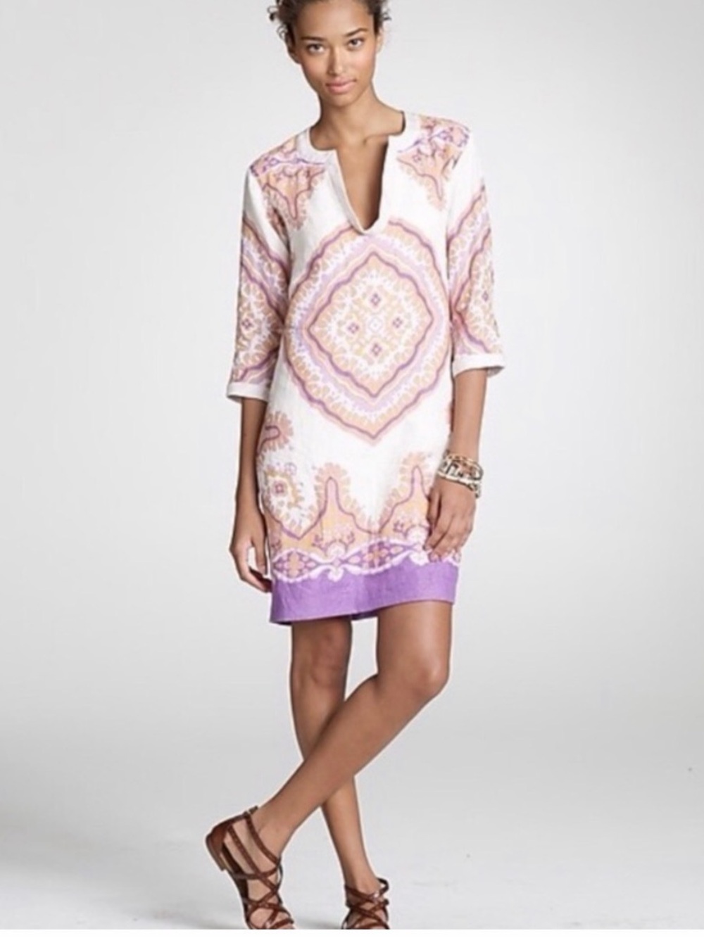 J. Crew bazaar white linen-cotton Tunic Dress with purple and orange trim